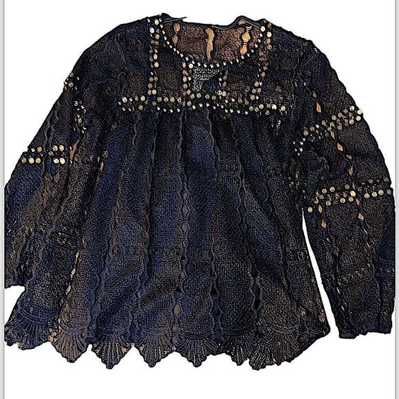 Maeve by Anthropology black lace blouse with bronze studs throughout - Picture 1 of 16